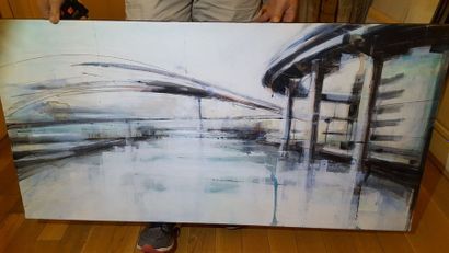 null Emmanuel MERGAULT (XX/XXIe) "Vue sur un pont", huile sur toile. 60 x 120cm