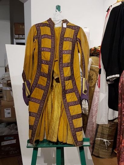 null Livrée, style Louis XV, velours jaune, galons violets et or, culotte de velours...