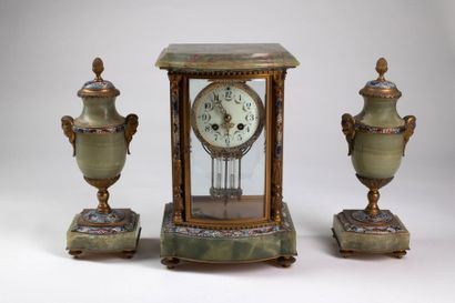 null A cloisonné enamel green marble clock with its two Circa cassolettes circa 1930...