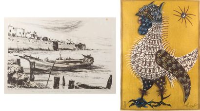 null LURCAT "Le coq pêcheur" reproduction, SBD, 57x40cm et GAUTIER "Port Andalou"...