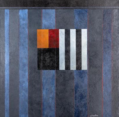 null Georges TROUBAT "Composition with flags, blue, black, red" acrylic on canvas...