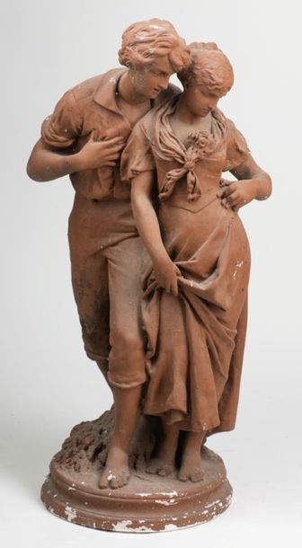 null Statue en platre représentant un couple, H 75cm. (accident) on y joint une statue...