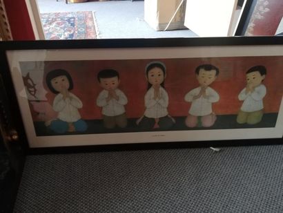 null Set of two MAI THU engravings "Children's Prayer" and "Reading" 20x66cm and...