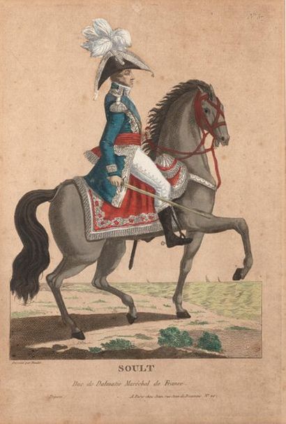 null An engraving of Soult on horseback enhanced with watercolour, 34.5x29.5cm.