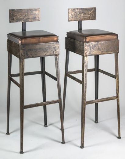 null Set of four iron barstools with metallic fabric seat created by Michel Marg...