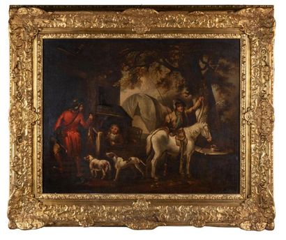 null Italian school "Hunting scene" BAMBOCINI, end of 18th century, HST, frame to...
