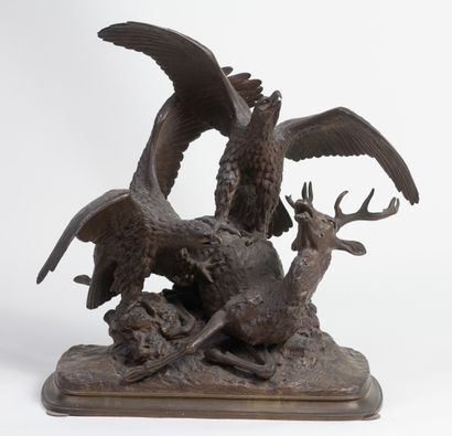 null Christophe FRATIN (1801-1864) "Stag attacked by two eagles" XIXth century, H41cm,...