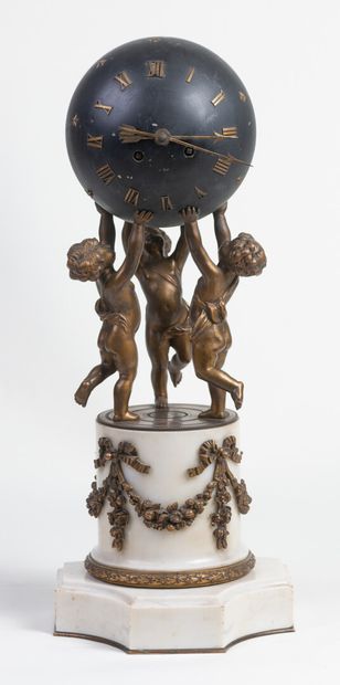 null Louis XVI style clock with globe supported by 3 putti, 19th century, H52cm,...