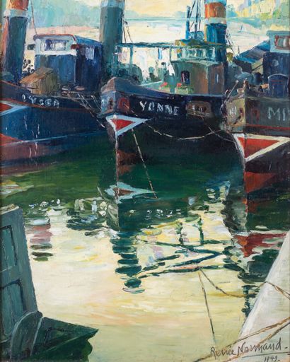 null Renée NORMAND "Tugs on the Seine" HST, SBD, 31.5x40cm