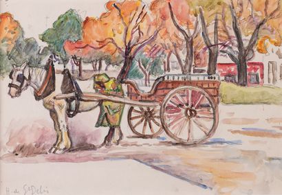 null Henri DE SAINT DELIS 1878-1949 "Cariole attelée" aquarelle, SBD, 22.5x33cm