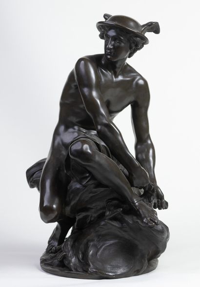 null After Pigalle, Mercury attaching his heel straps, Bronze, 19th century, H56...