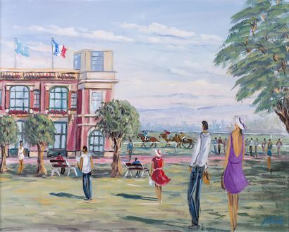 null Guy FONTAINE "Deauville Elegant at the racetrack" HST, SBD, titled and dated...