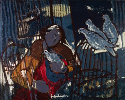 null Jeff FRIBOULET 1919-2003 "Cage aux oiseaux" HST, signée au centre, 81x100cm