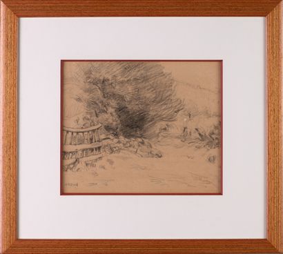 null Hippolyte PETITJEAN (1854-1929) "Barrier in a landscape" charcoal, SBD, studio...