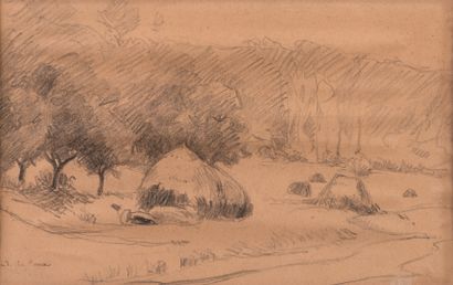 null Hippolyte PETITJEAN (1854-1929) "Haystacks" charcoal, SBG, 12x19cm