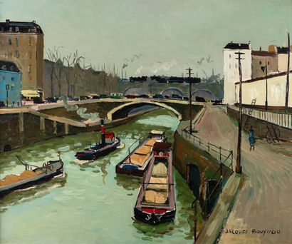 null Jacques BOUYSSOU 1926-1997 "Canal à Paris" HST, SBD, datée 1961, 54x65.5cm