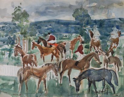 null Pierre GAILLARDOT 1910-2002 "Hippodrome de Touques" watercolor, SBD, 47.5x6...