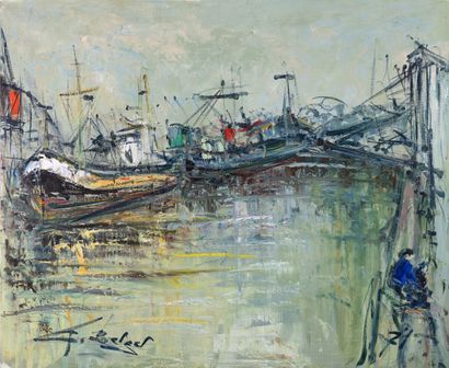  Georges BERGER 1908-1976 "Boats in the harbour" HST, SBG, dated 71 right, 60x73...