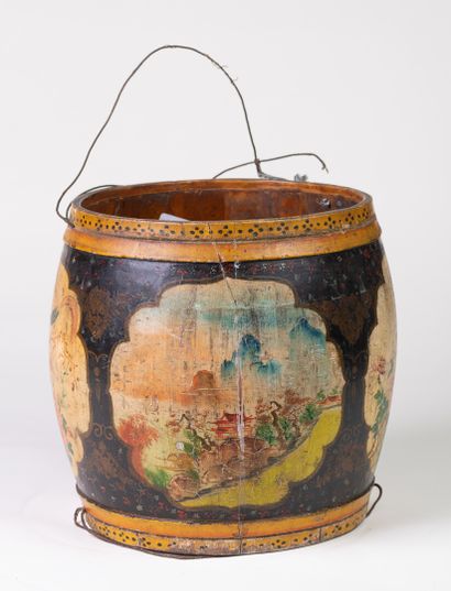 null Polychrome wooden bucket, H 30 cm, Diam 27 cm