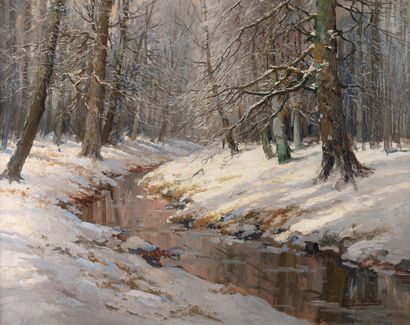 null Kees TERLOW 1890-1948 "Petit cours d'eau sous la neige" HST, XXème, 73x92cm