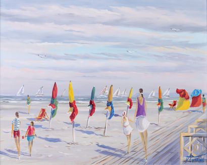 null Guy FONTAINE "Deauville, Parasols belle journée " HST, SBD, titled and dated...