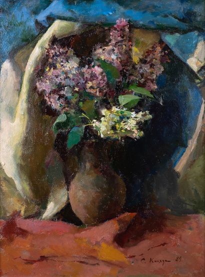 null Sergei KOLYADA "Still life with flowers on a blue background" HST, SBD, dated...