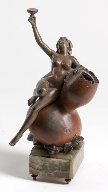 null J. GARNIER inkwell "Jeune femme au vase" in bronze, on a marble base, signed...