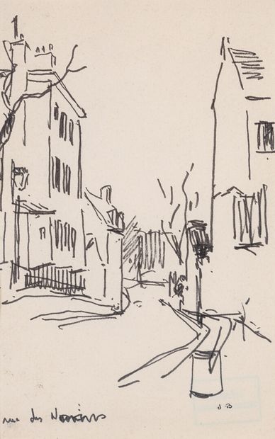 null Jacques BOUYSSOU "Paris rue des Morvains" drawing in ink, titled lower left,...