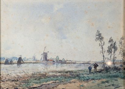 null William THORNLEY (1857-1935) "Moulins au bord de la rivière en Hollande" aquarelle,...