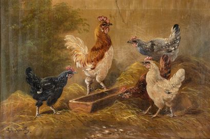  P.SCHOUTEN "1860-1922" "Rooster with four hens at the feeder" HST, SBG, 40x60cm