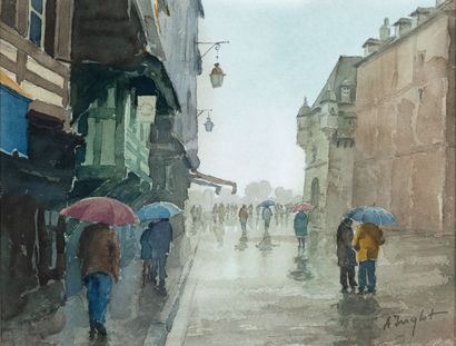  André INGLOT "Honfleur sous la pluie" aquarelle, SBD, 25,5x33cm
