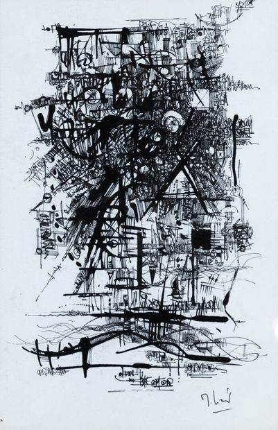 Michel LIENARD ink drawing on framed paper,...