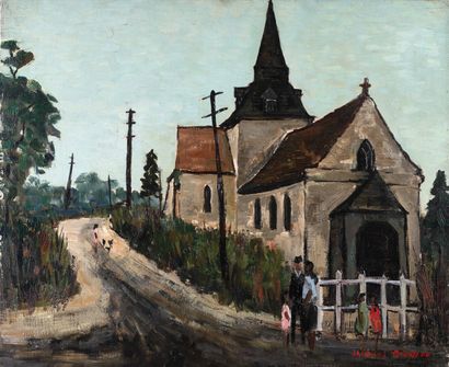  Jacques BOUYSSOU "Léglise de Gonneville" HST, SBD, titré au dos église de Gonneville,...