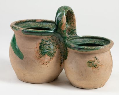  Lunch in terracotta and green glaze inside in Pré d'Auge, H : 15,5cm and H : 12...