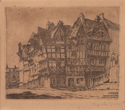 null Emile LEROI 1887-1944 "Vieilles maison à Lisieux" gravure, SBD, 12.5x21cm et...
