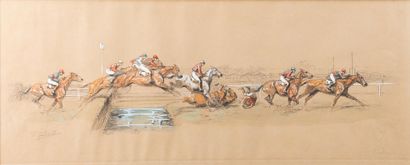 null EUGENE PECHAUBES 1890-1967 "Course à Enghien" pastel et crayon, 31.5 x 79 c...
