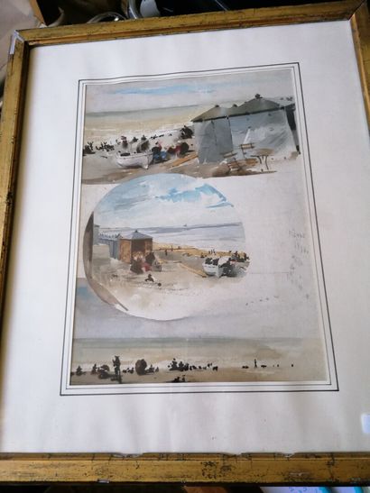 null Ecole Française Fin XIXe s. La plage et les cabines à Dieppe en 1890 Projet...