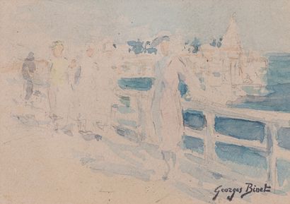 null Georges BINET "Promenade sur le pont" aquarelle, SBD, 8x11cm.