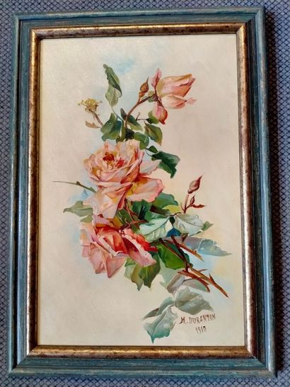  M.DURANTON "Les roses" HST, SBD, daté 1910 en bas à droite, 40x26cm.