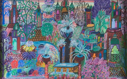  Ahmed LOVARDIRI "Le jardin" Peinture sur panneau, SBG, 51x81cm.