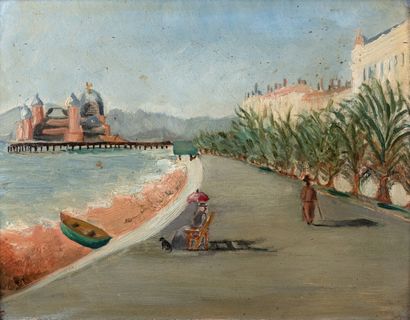 null Louise "Le palais de la mer, jetée promenade à Nice" peinture sur carton , SBG,...