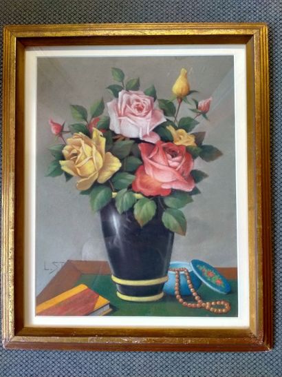 null Ls.tolle "Nature morte au bouquet" pastel et crayon, SBG, 44x33,5cm.