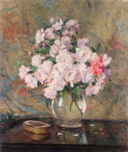 null Georges BINET "Vase de roses" HST, SBD, sans cadre 54x45cm