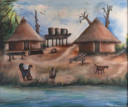 null KANZA MIDAVAS "Village d'Afrique" HST, SBD et datée 2009, 65x54cm