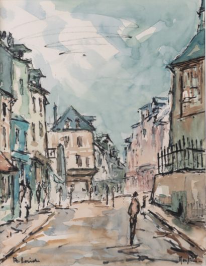 null Bernard LORIOT 1925-1998 "Rue de Honfleeur" aquarelle, SBG, titrée à droite,...