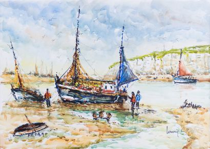 null Robert L.P LAVOINE 1916-1999 "Le port de Fécamp à marée basse" aquarelle sur...