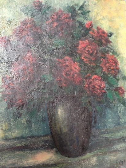 null BOYER, Vase de roses, huile sur toile, Signé en bas à droite, 61 x 50cm