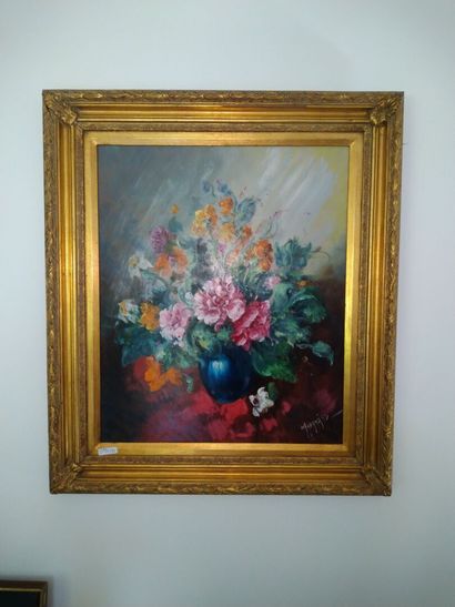 null Ecole française XXe, bouquet de fleurs, huile sur toile, Signé en bas à droite,...