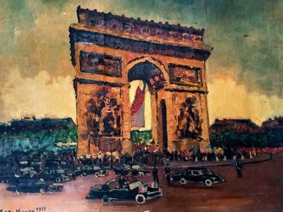 null Sadi MAHEO, l'arc de Triomphe à Paris ou le défilé, huile sur toile, Signé en...