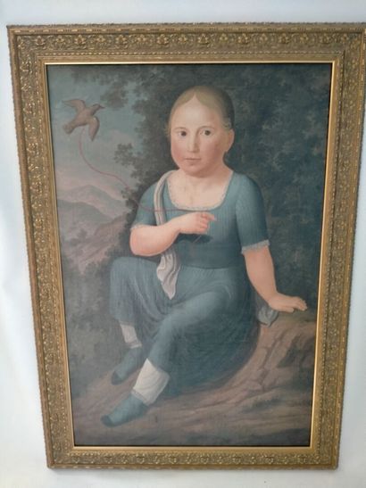 null Ecole Espagnole XIXe, Portrait d'une jeune femme à l'oiseau, huile sur toile,...